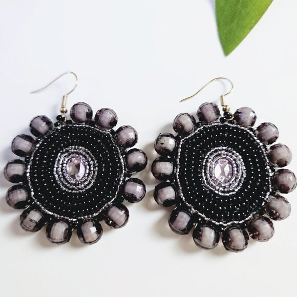 2/$27 | Purple + Black Beaded Bohemian Indigenous Native Hoop Earrings - Picture 6 of 8